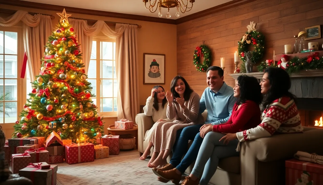 family celebrating Christmas in a cozy living room setting.