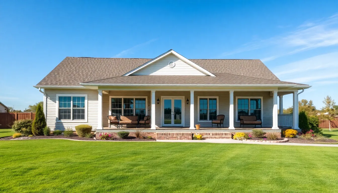 a ranch home with a wrap-around porch in a landscaped yard.