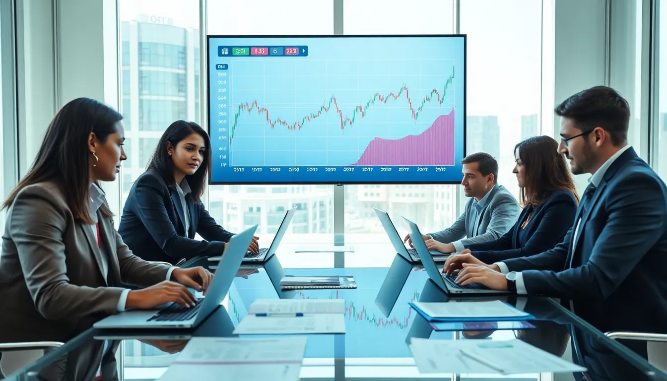 diverse team analyzing stock market data in a modern office.