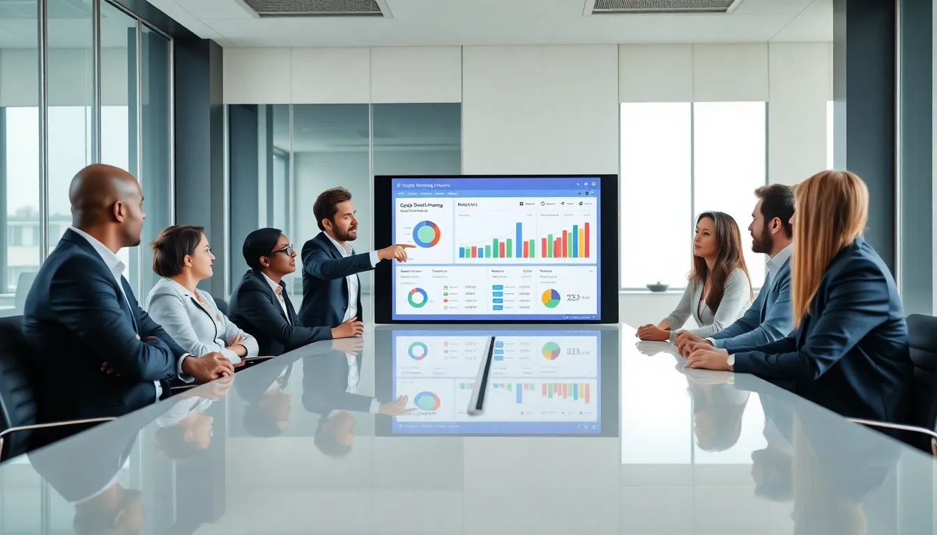 diverse marketing team discussing Google Smart Shopping in a modern office.