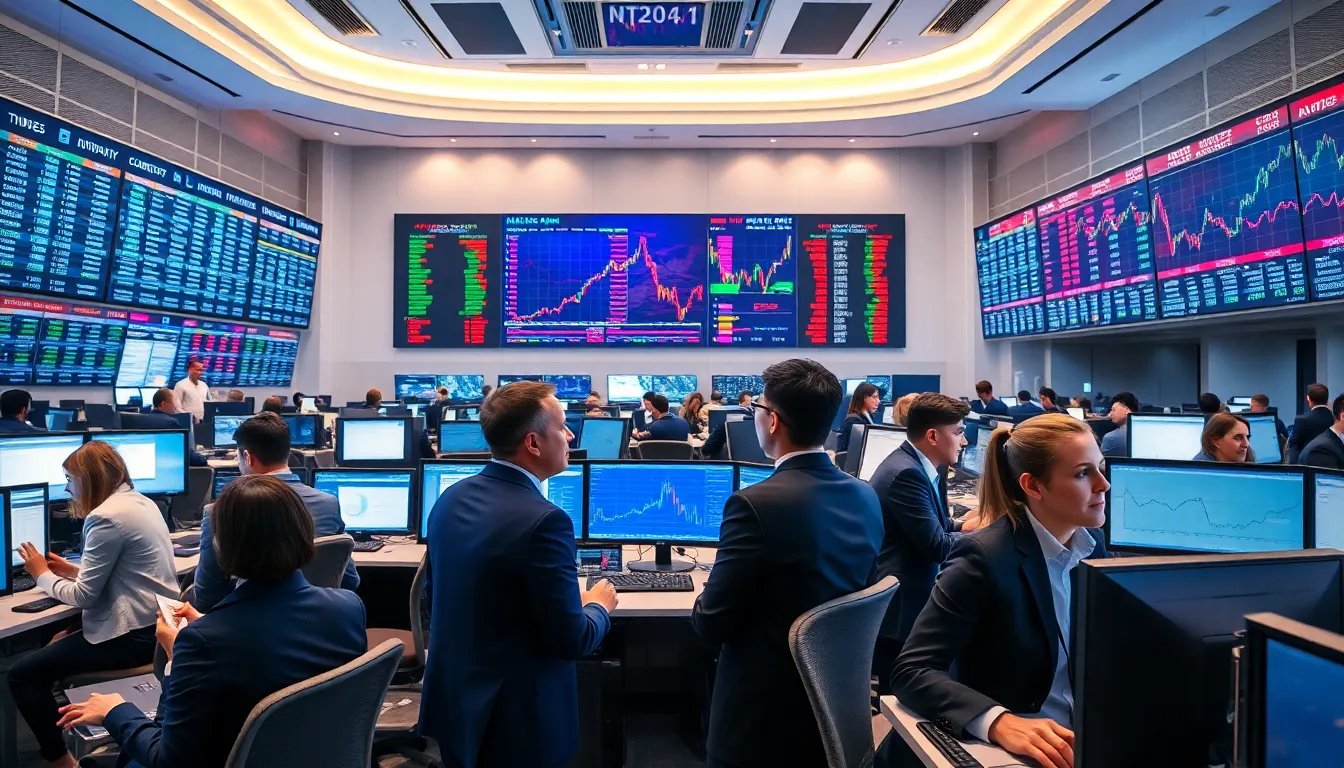 professionals analyzing stock market trends in a modern trading floor.