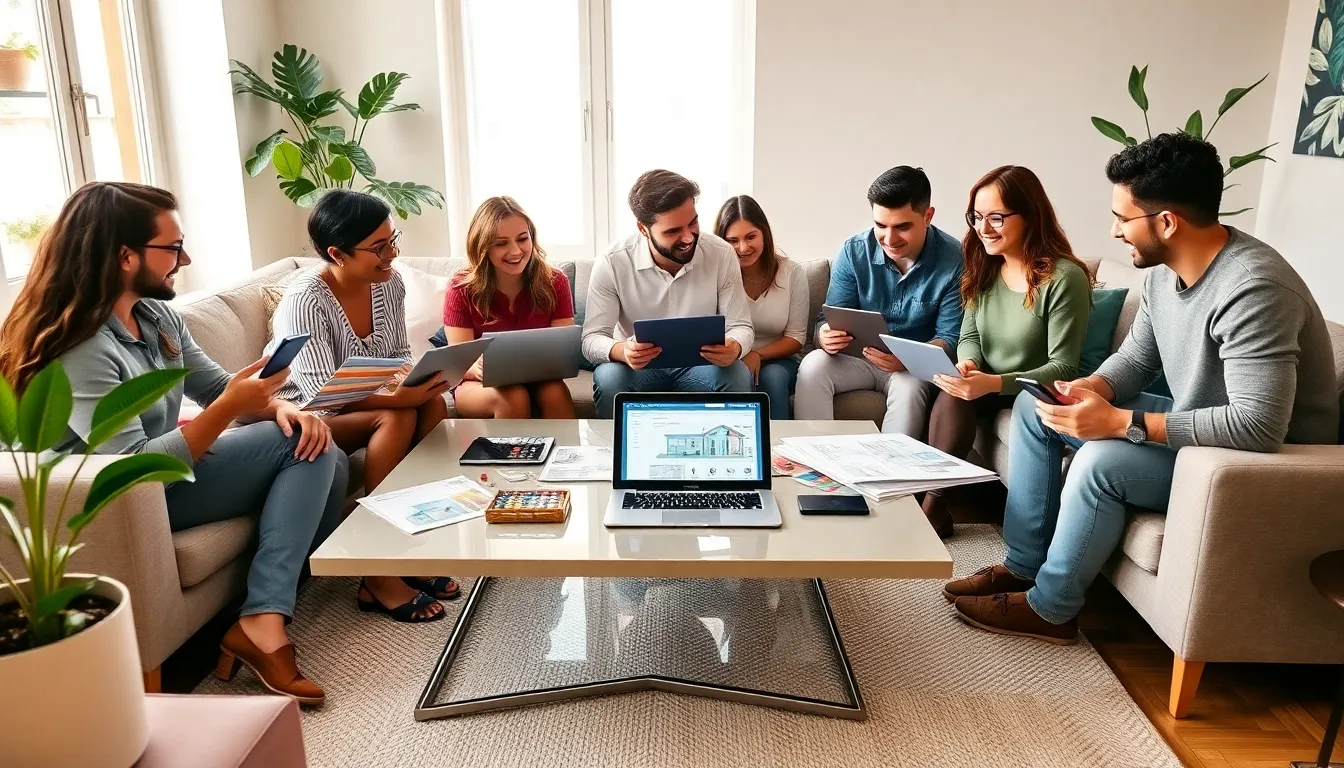 diverse group discussing home improvement in a modern living room.