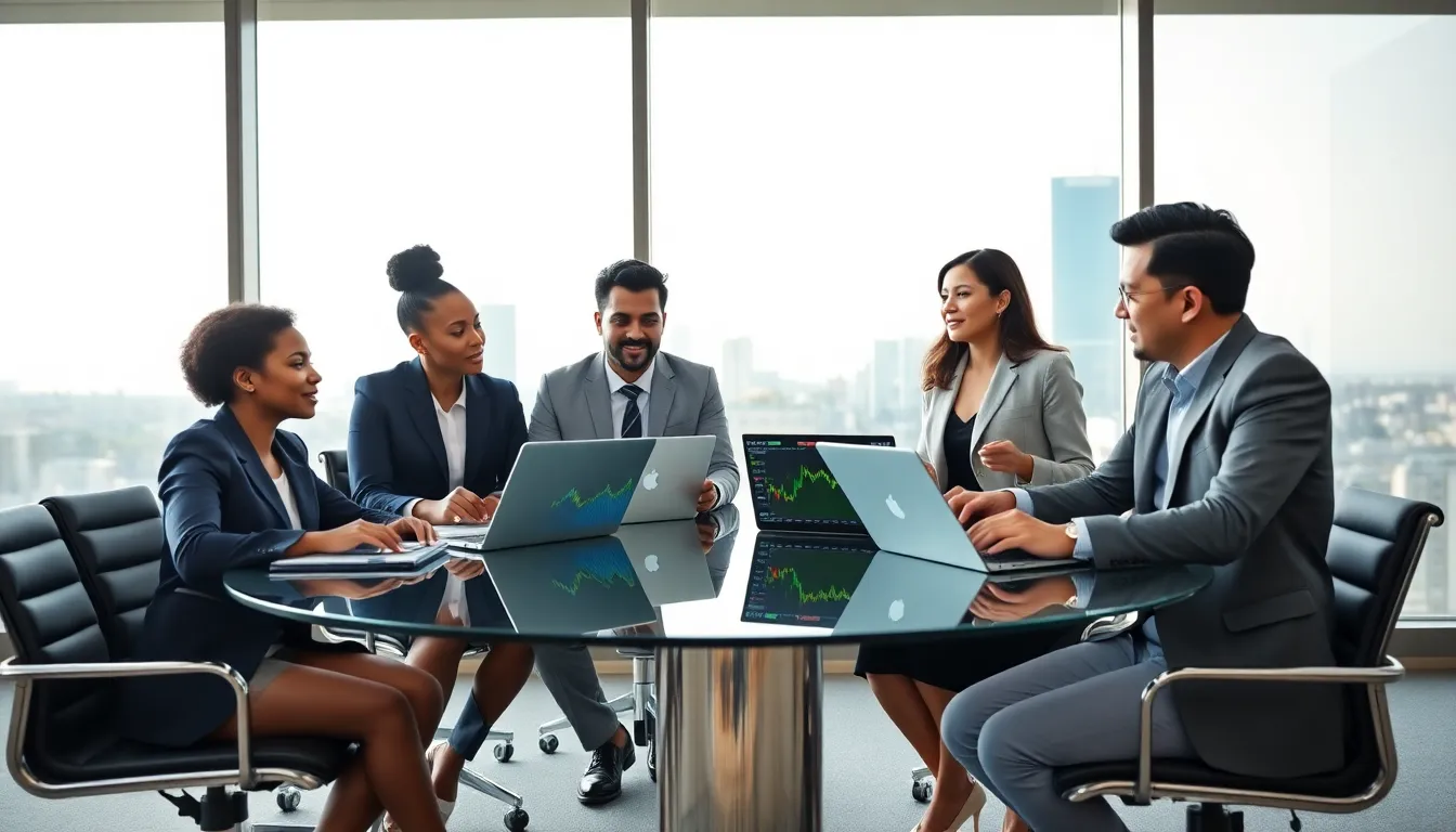 diverse financial team discussing stock market strategies in a modern office.