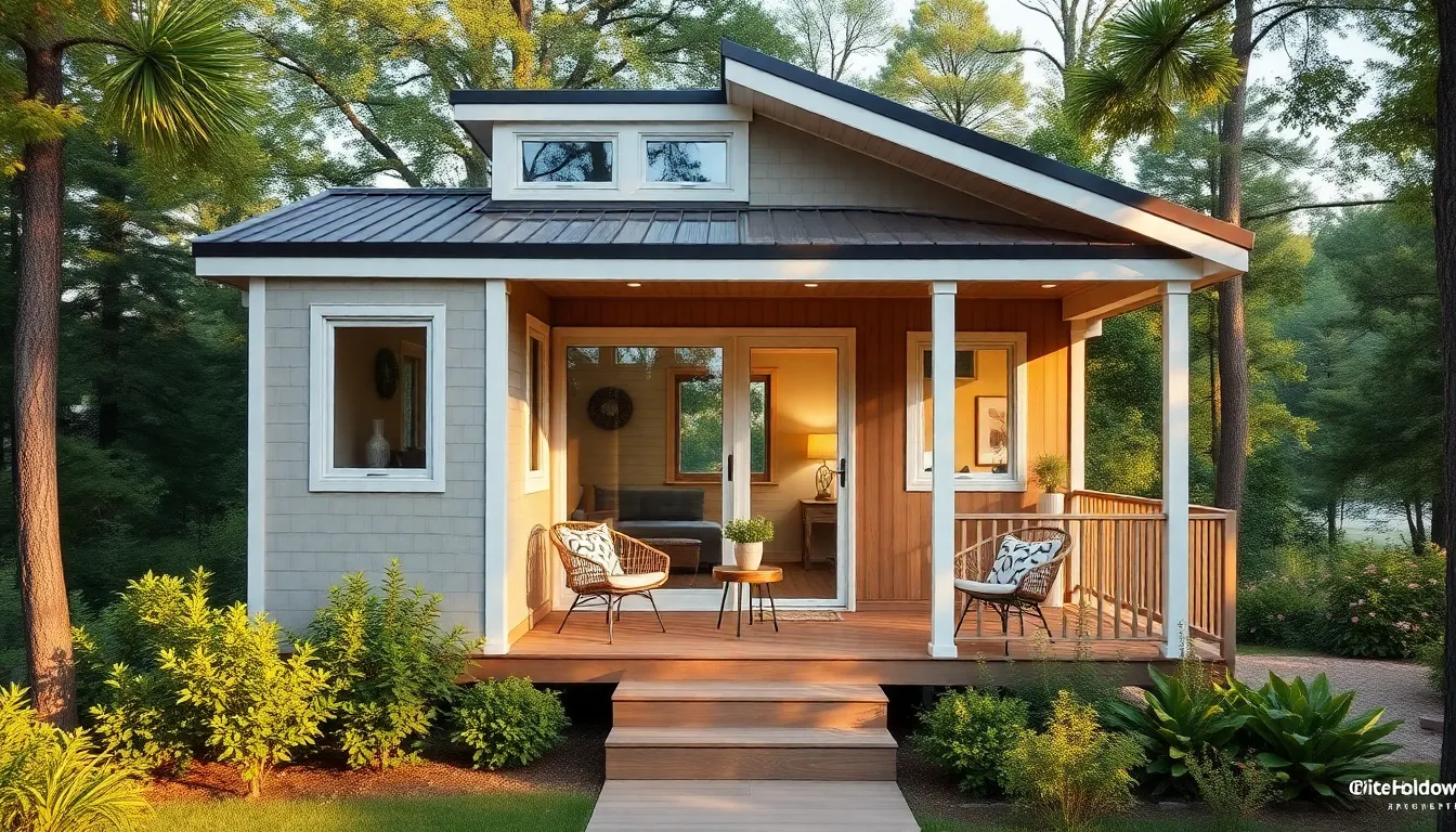 charming tiny home with a wrap-around porch surrounded by greenery.